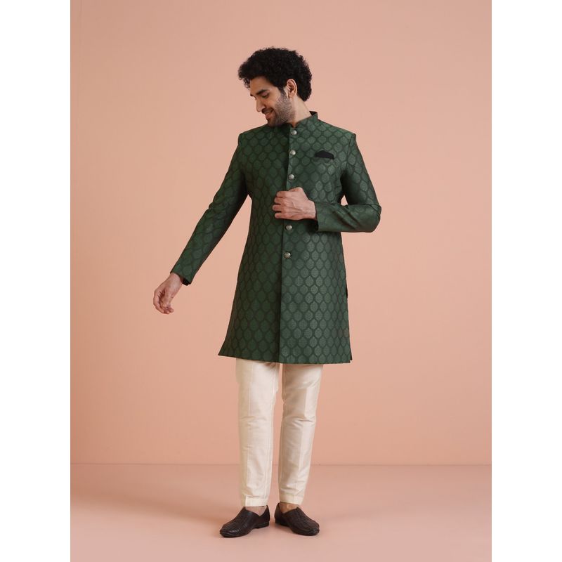 KISAH Men Green Textured Silk Blend Jacquard Indowestern Sherwani Trouser Set with Zari Design (44)