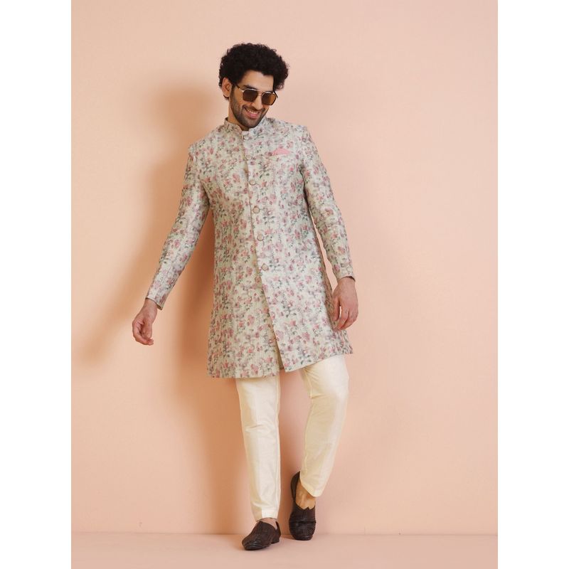 KISAH Men Multi Coloured Printed Silk Blend Indowestern Sherwani Trouser Set with Zari Design (42)