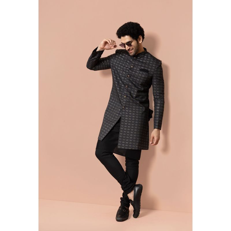 KISAH Men Ash Grey & Black Textured Silk Blend Jacquard Kurta Indowestern Sherwani Churidar Set (44)