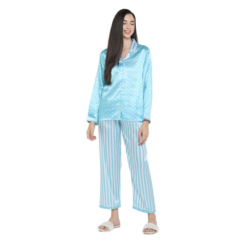 Shopbloom Light Blue Polka Dot Stripe Satin Long Sleeve Women'S Night Suit (M)
