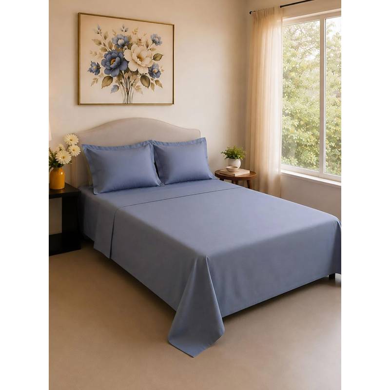 Linen Home Cotton Percale Flat Bedsheet with 2 Pillow Covers (Queen)