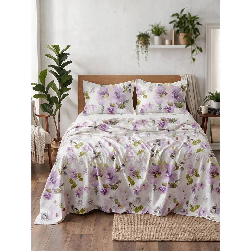 Linen Home Cotton Percale Flat Bedsheet with 2 Pillow Covers (Queen)