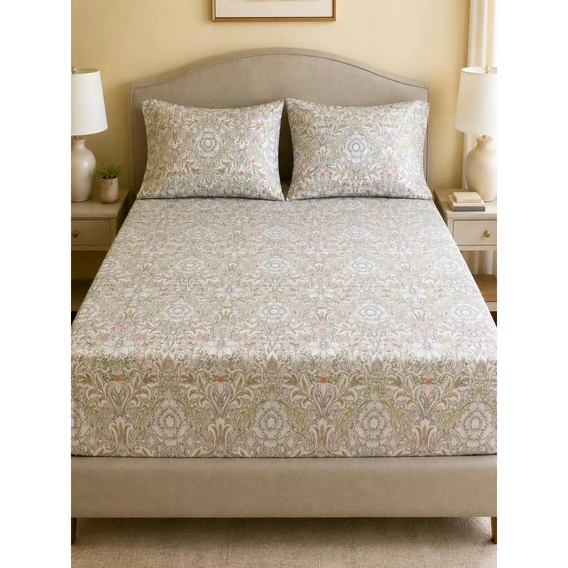 Linen Home Cotton Percale Fitted Bedsheet with 2 Pillow Covers (Double)