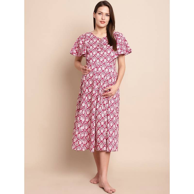 Secret Wish Pink & White Printed Maternity Dress (XL)