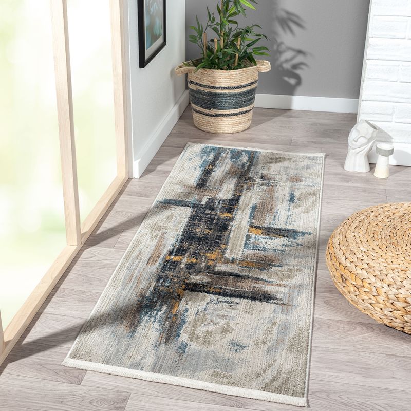 OBSESSIONS Anti-Static Power Loomed Bedside Runner, Cream & Blue (2x5 Feet)