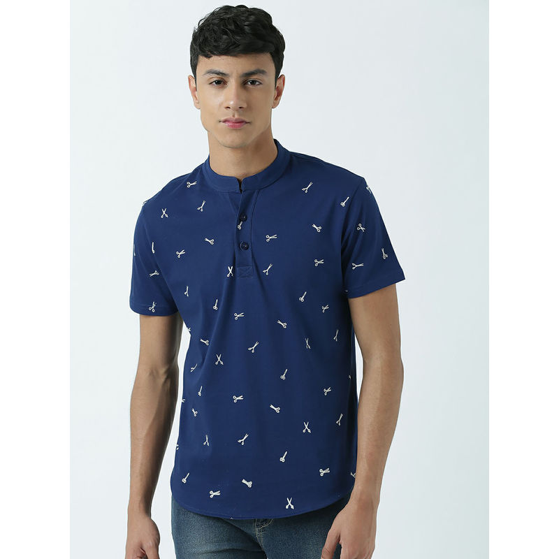 Huetrap Mens Knitted Regular Fit Henley Neck Short Sleeve Printed Tee- Navy Blue (M)