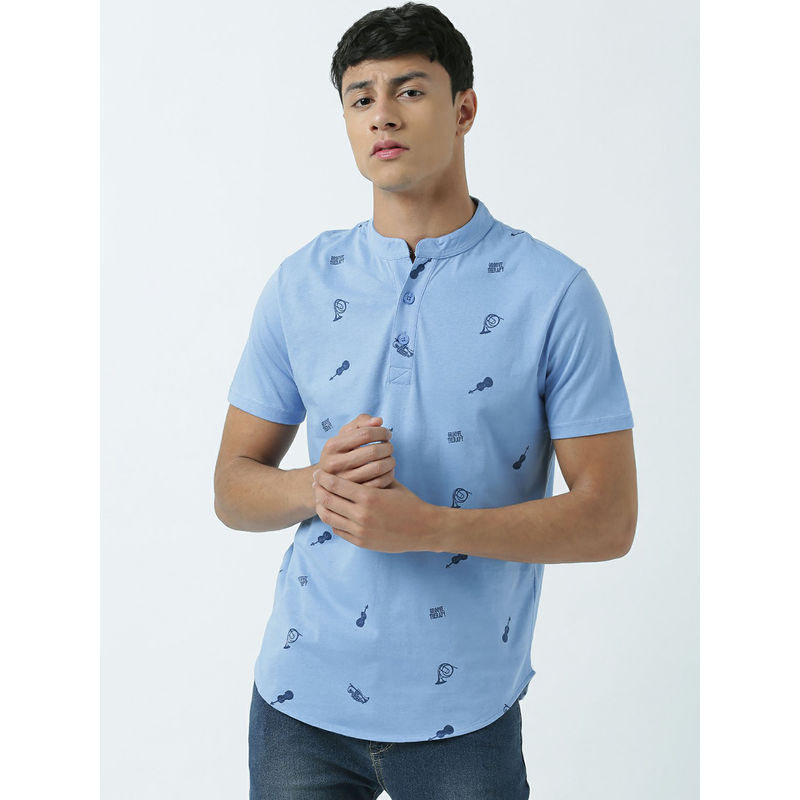 Huetrap Mens Knitted Regular Fit Henley Neck Short Sleeve Printed Tee- Blue (S)