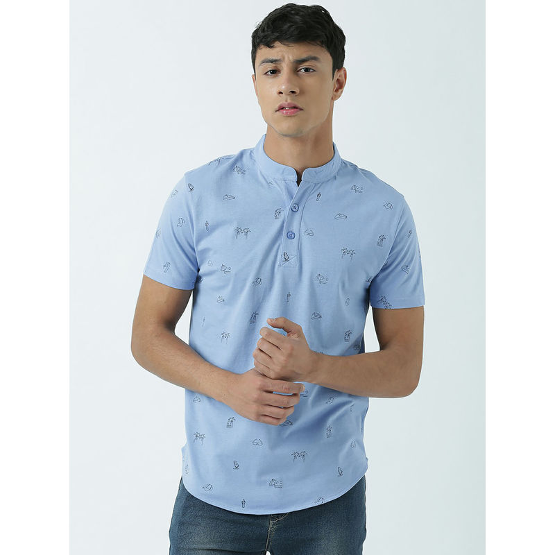 Huetrap Mens Knitted Regular Fit Henley Neck Short Sleeve Printed Tee- Blue (S)