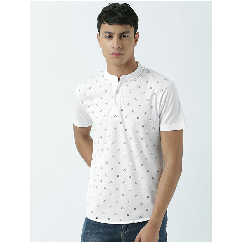 Huetrap Mens Knitted Regular Fit Henley Neck Short Sleeve Printed Tee- White (L)