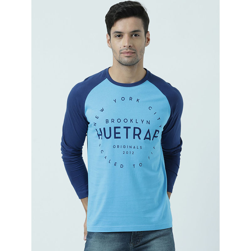 Huetrap Mens Knitted Regular Fit Round Neck Full Sleeve Colorblock Tee- Blue (M)