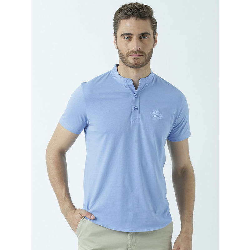 Huetrap Mens Knitted Regular Fit Henley Neck Short Sleeve Solid Tee- Blue (L)