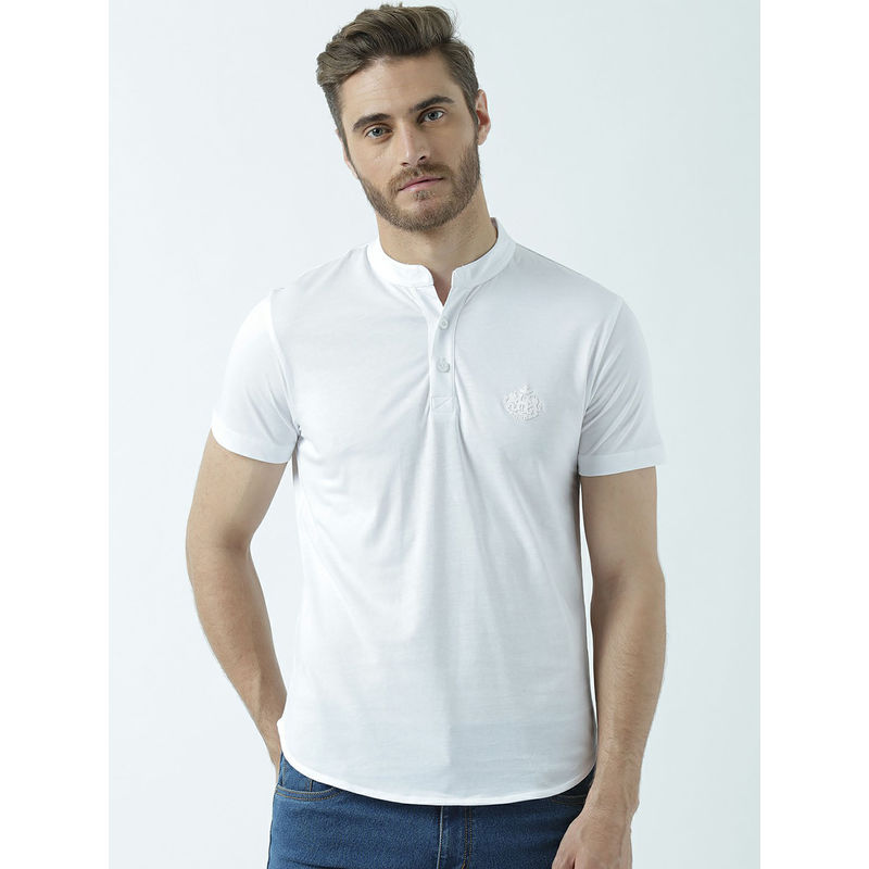 Huetrap Mens Knitted Regular Fit Henley Neck Short Sleeve Solid Tee- White (S)