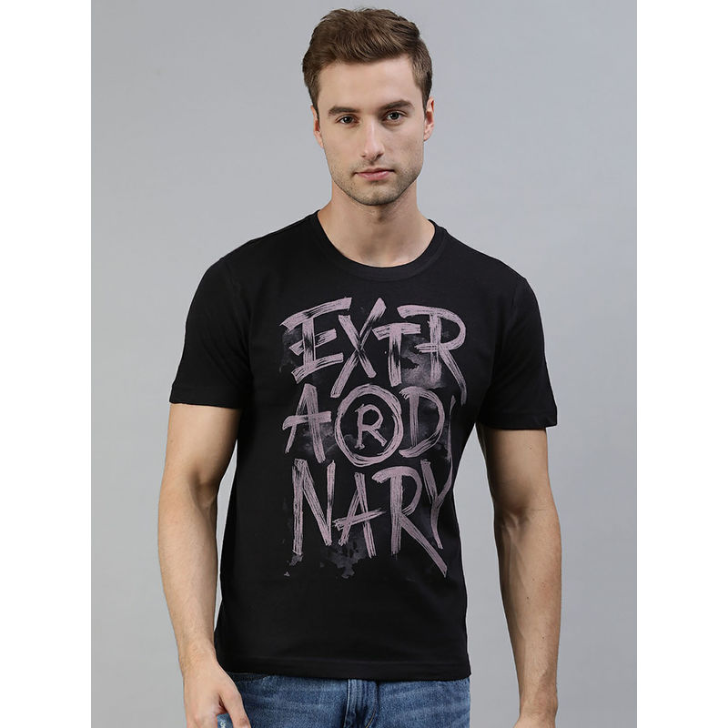 Huetrap Mens Knitted Regular Fit Round Neck Short Sleeve Graphic Tee- Black (M)