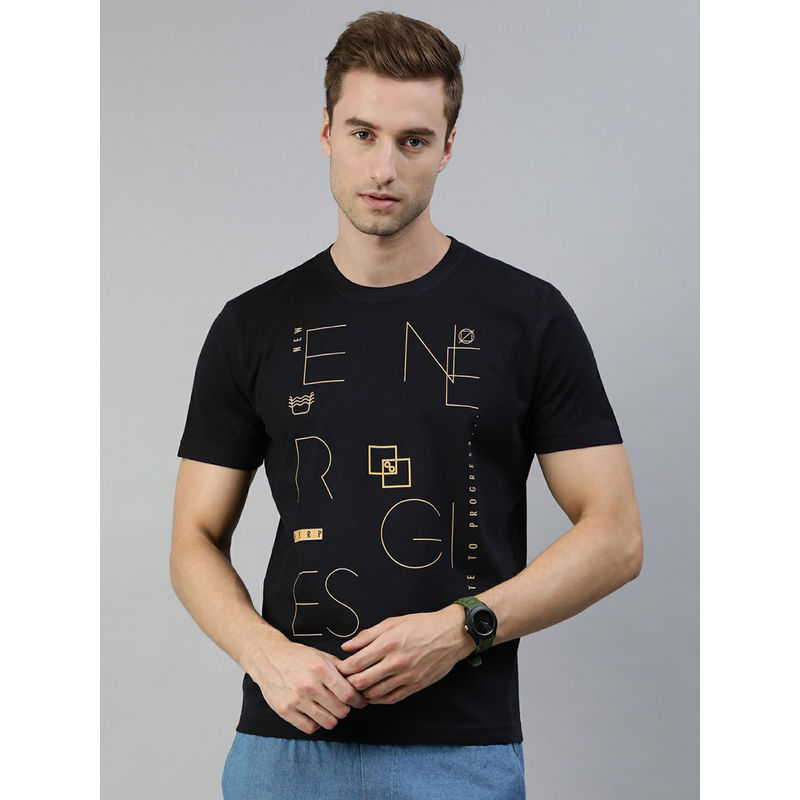 Huetrap Mens Knitted Regular Fit Round Neck Short Sleeve Graphic Tee- Black (M)