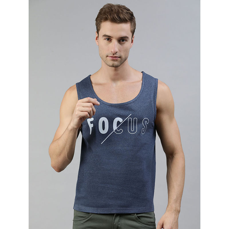Huetrap Mens Knitted Regular Fit Round Neck Sleeveless Graphic Tee- Navy Blue (M)