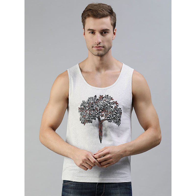 Huetrap Mens Knitted Regular Fit Round Neck Sleeveless Printed Tee- White (S)