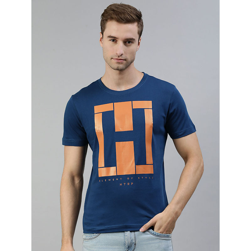 Huetrap Mens Knitted Regular Fit Round Neck Short Sleeve Graphic Tee- Blue (L)