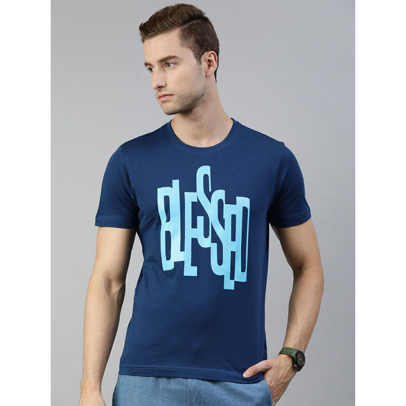 Huetrap Mens Knitted Regular Fit Round Neck Short Sleeve Graphic Tee- Blue (S)