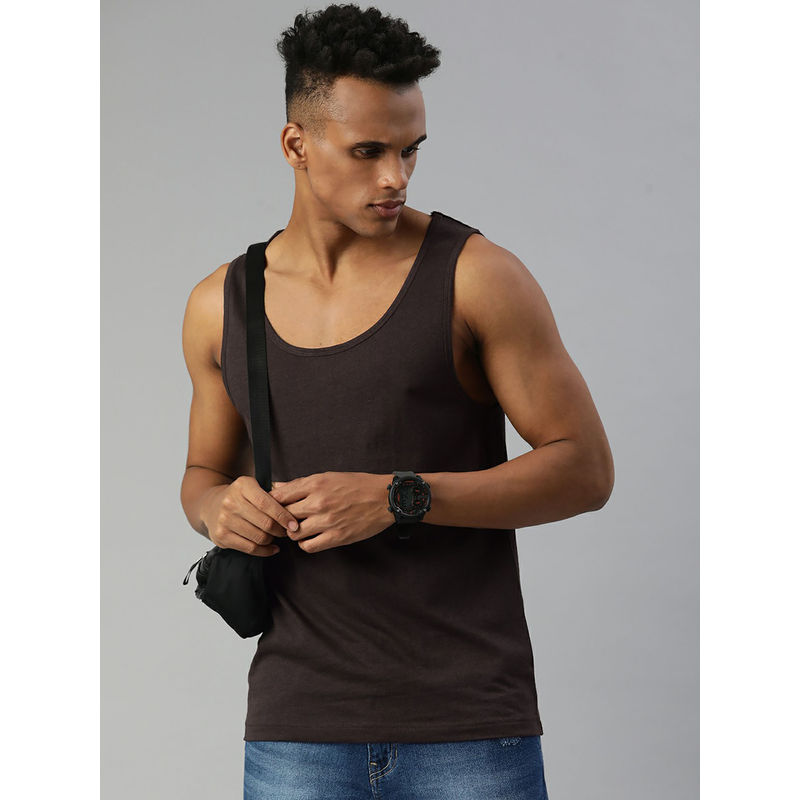 Huetrap Mens Knitted Regular Fit Round Neck Sleeveless Solid Tee- Brown (S)