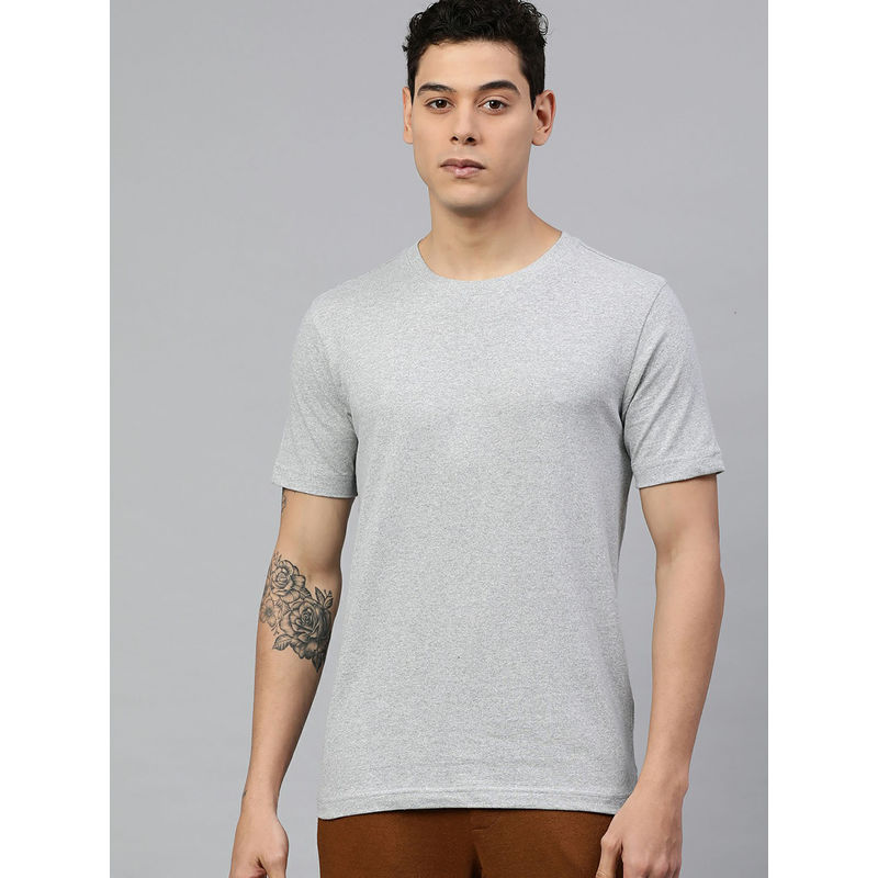 Huetrap Mens Knitted Regular Fit Round Neck Short Sleeve Solid Tee- Grey (L)