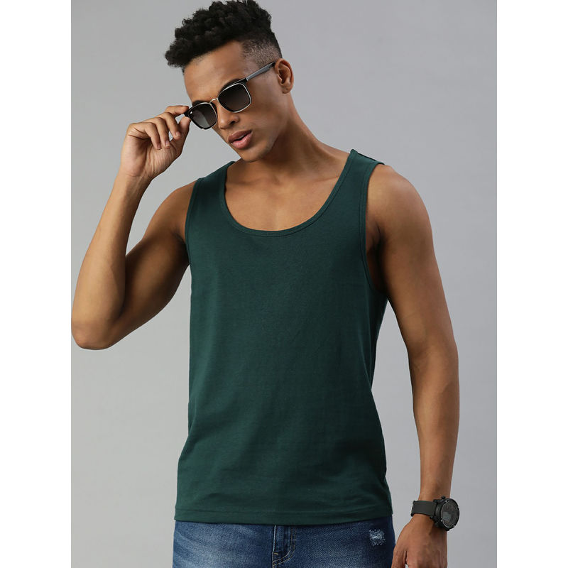 Huetrap Mens Knitted Regular Fit Round Neck Sleeveless Solid Tee- Green (S)