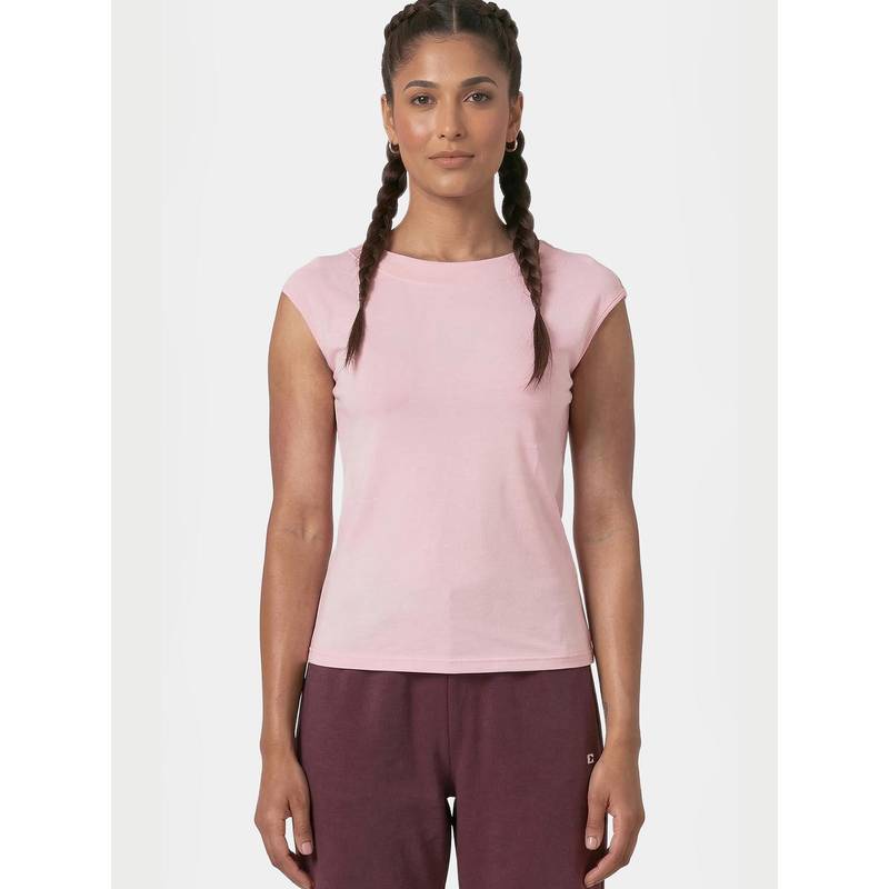 Enamor Round Neck Body Hugging Pink T-Shirt (S)