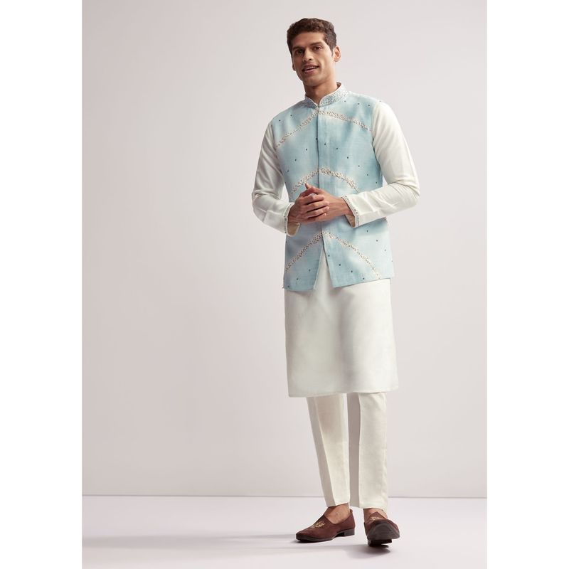 KALKI FASHION Sky Blue Silk Kurta Jacket and Pant for Men with Hand Embroidery (XL)