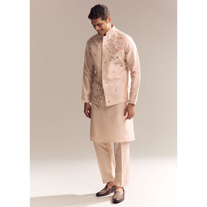 KALKI FASHION Peach Silk Kurta Jacket and Pant for Men with Heavy Embroidery (M)