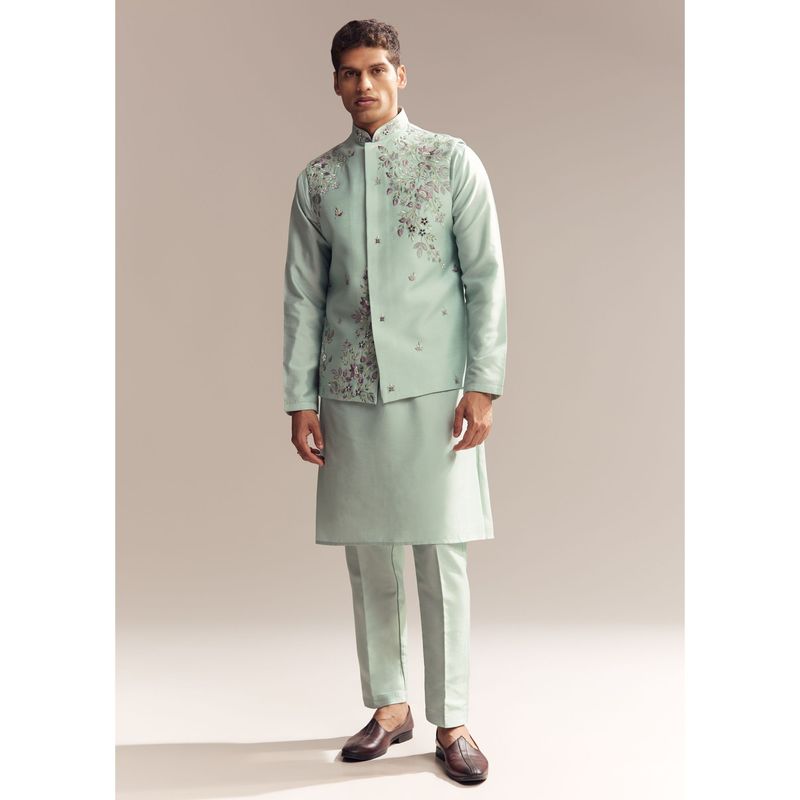 KALKI FASHION Green Silk Kurta Jacket and Pant for Men with Heavy Embroidery (L)