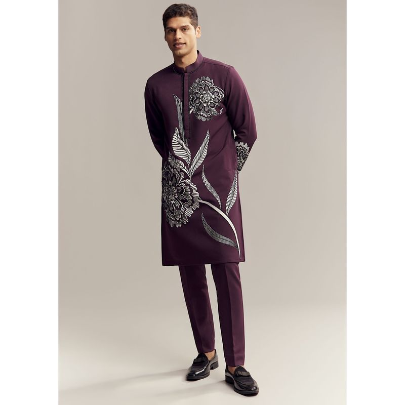 KALKI FASHION Wine Kurta and Pant for Men with Floral Print and Beads Work (2XL)