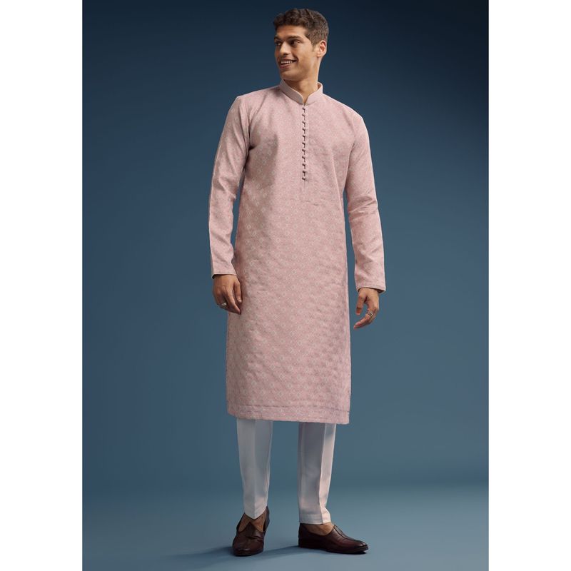 KALKI FASHION Pink Jacquard Kurta and Pant for Men (M)