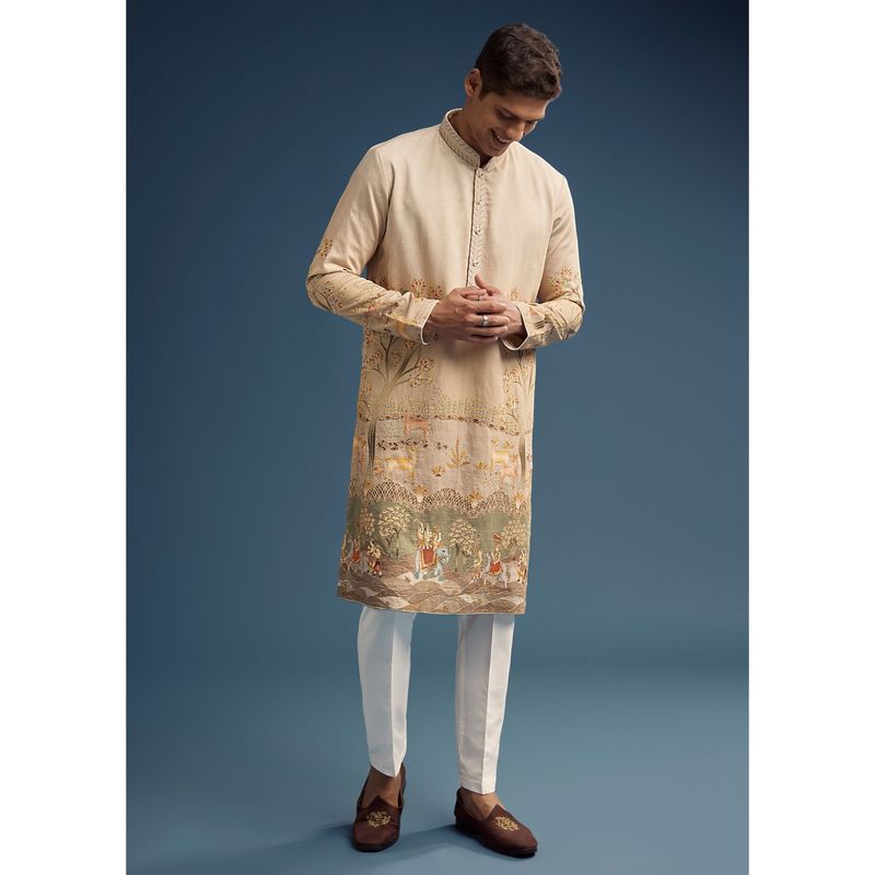 KALKI FASHION Olive Green Silk Kurta and Pant for Men (L)