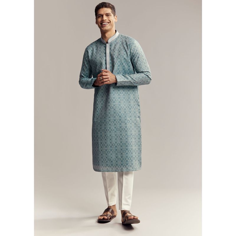 KALKI FASHION Blue Jacquard Kurta and Pant for Men (XL)