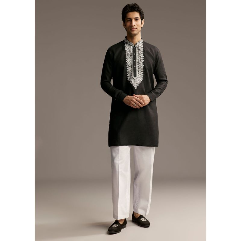 KALKI FASHION Black Linen Kurta and Pant for Men with Thread Work (M)