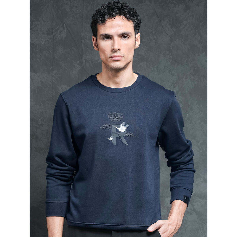 Rare Rabbit August Primary Navy Blue Printed Sweatshirt (M)