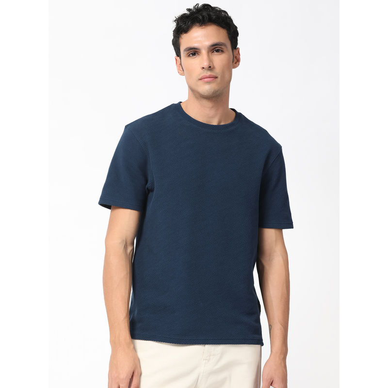 Rare Rabbit Cas Primary Petrol Navy Blue Solid T-Shirt (S)