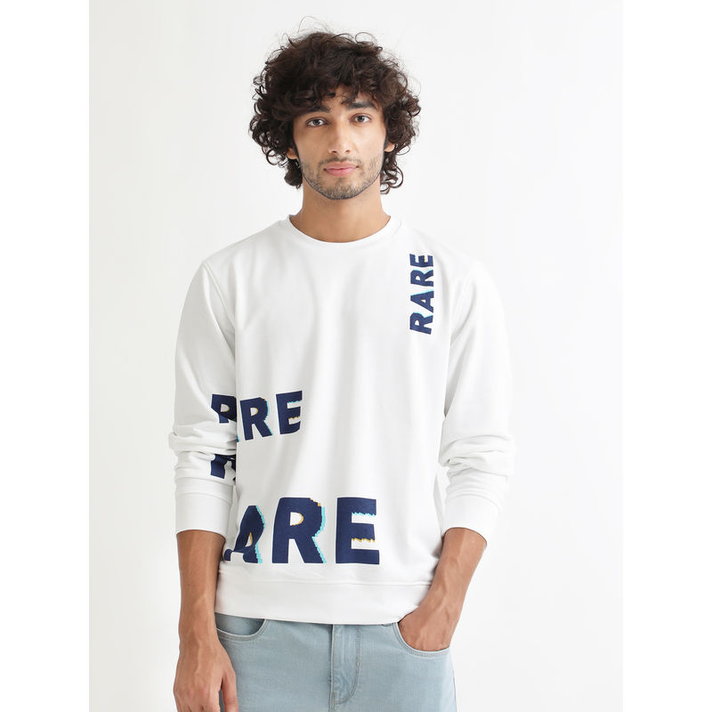Rare Rabbit Cloviss Primary White Typography Sweatshirt (XL)