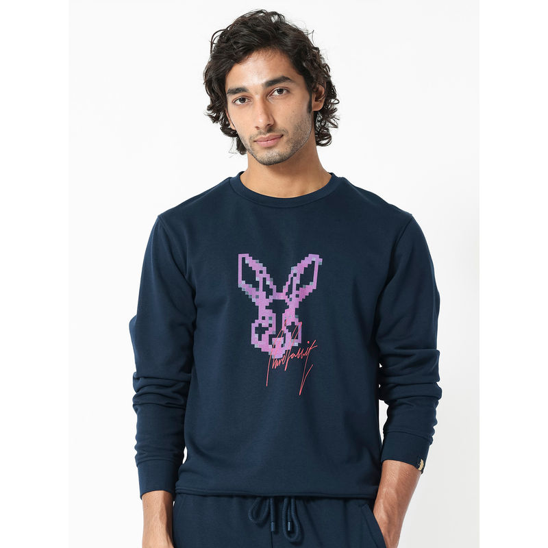 Rare Rabbit Drato Primary Navy Blue Printed Sweatshirt (XL)