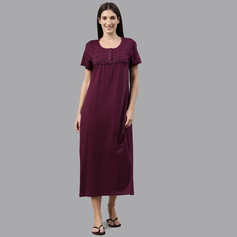 Kryptic Burgundy Printed Pure Cotton Maxi Nightdress (L)