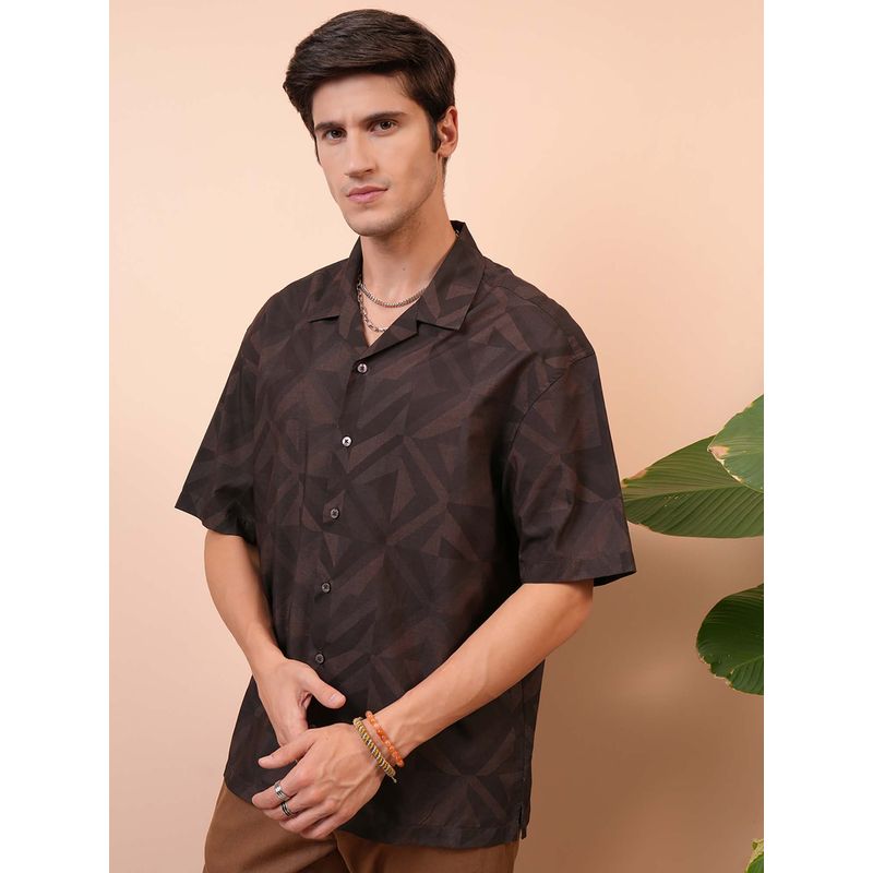 LOCOMOTIVE Men Brown Geometric Printed Collar Oversized Shirt (L)
