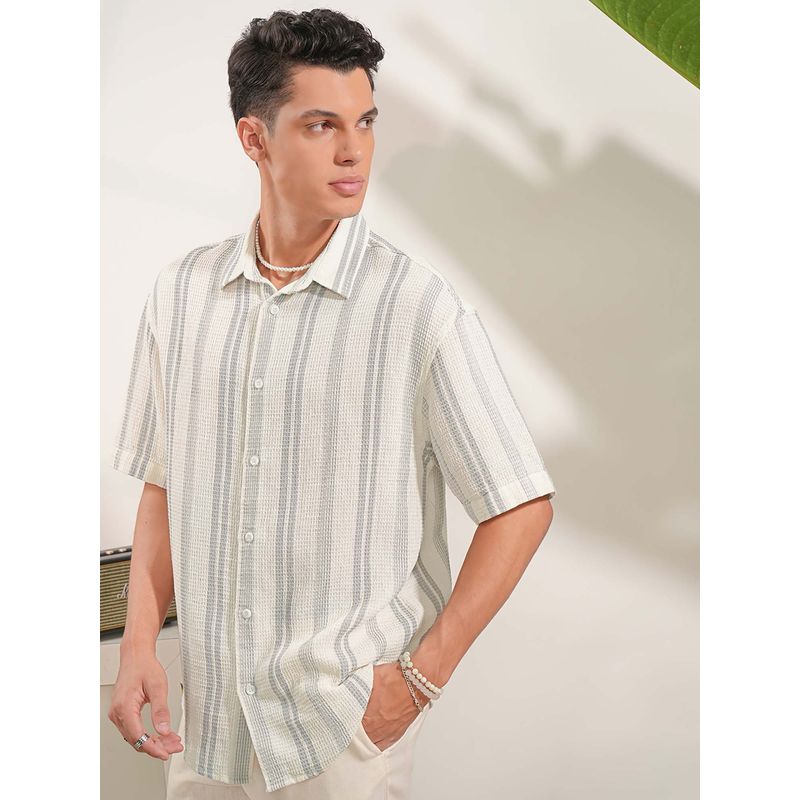 LOCOMOTIVE Men Off White Stripes Oversized Shirt (L)