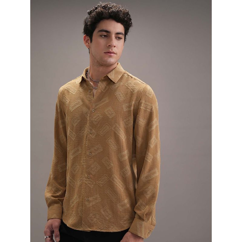LOCOMOTIVE Men Khaki Jacquard Self Design Party Shirt (L)