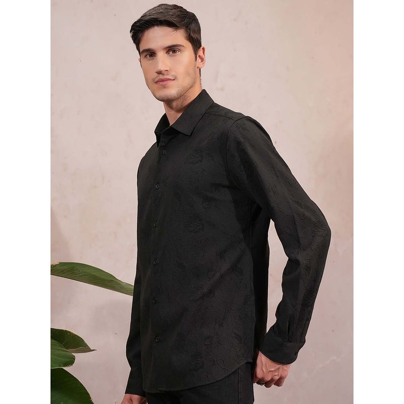 LOCOMOTIVE Men Black Popcorn Floral Self Design Slim Fit Party Shirt (L)