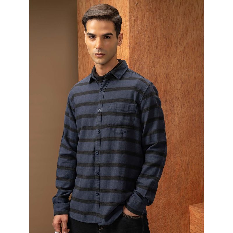 LOCOMOTIVE Men Navy Blue Relaxed Fit Dobby Stripes Shirt (M)
