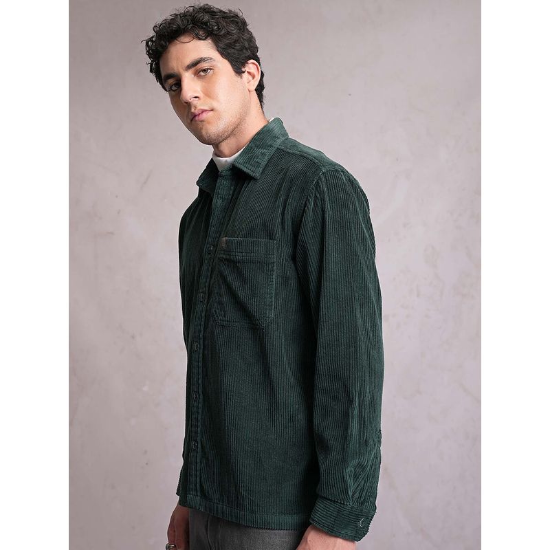 LOCOMOTIVE Men Green Corduroy Ribbed Solid Shirt (M)