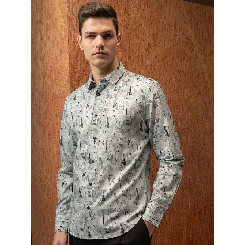 LOCOMOTIVE Men Light Green Printed Slim Fit Party Shirt (M)