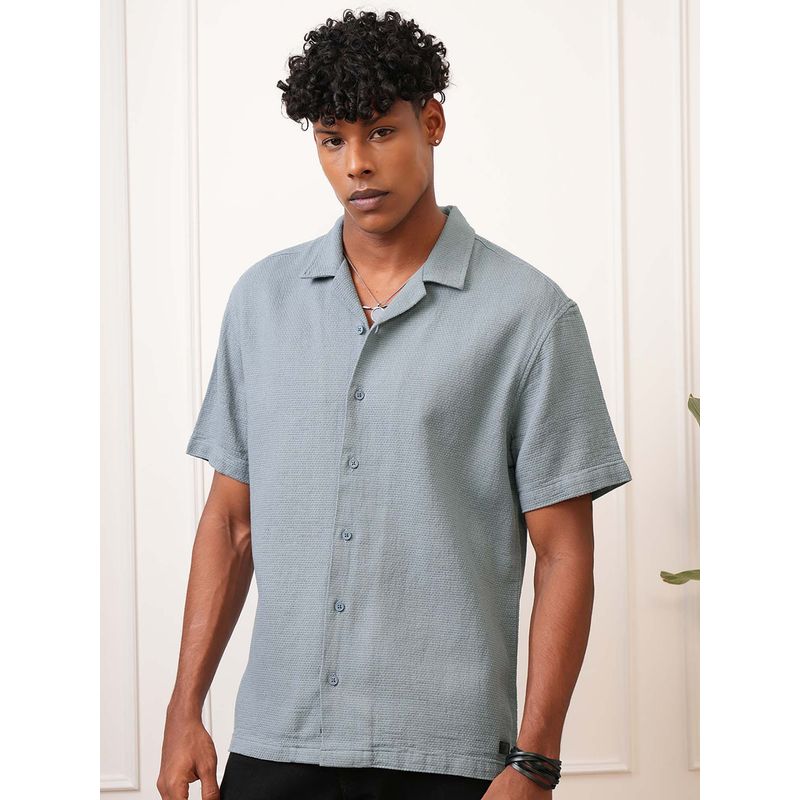 LOCOMOTIVE Men Light Blue Textured Collar Relaxed Fit Shirt (L)