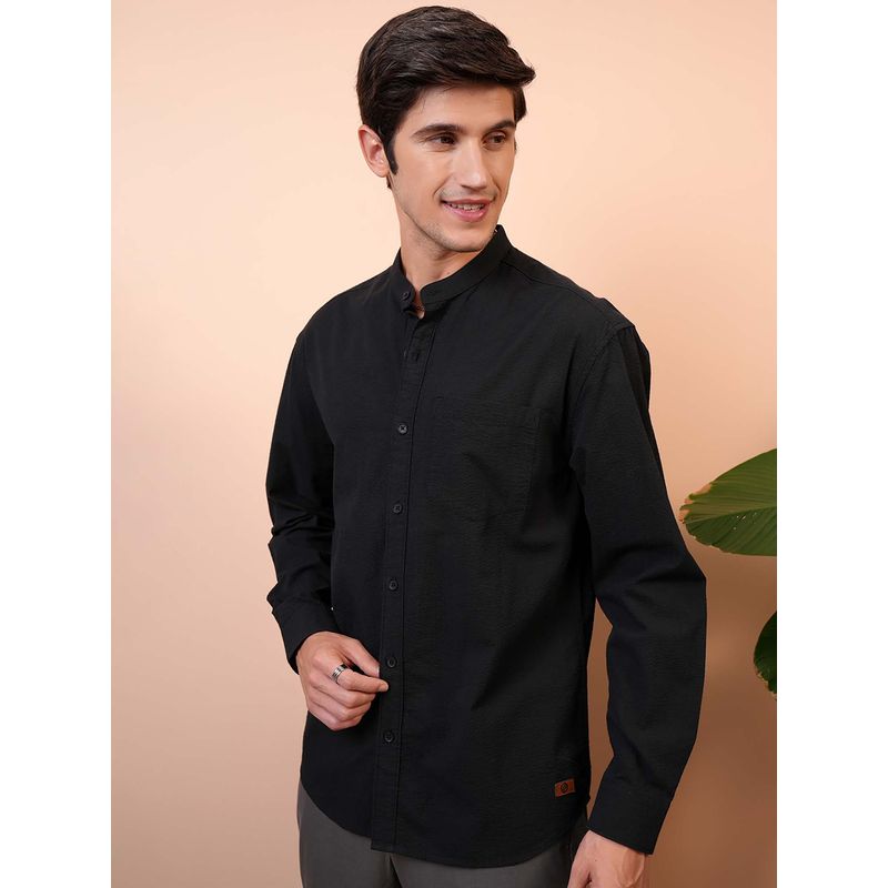 Men's Geometric Black Mandarin Collar Slim Fit Shirt
