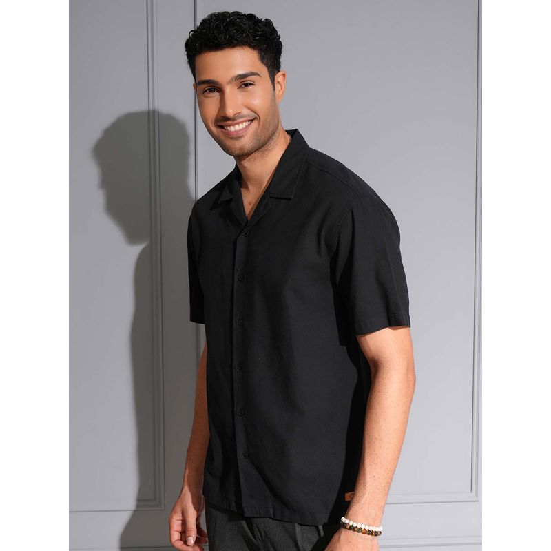 LOCOMOTIVE Men Black Cotton Linen Solid Collar Relaxed Fit Shirt (L)