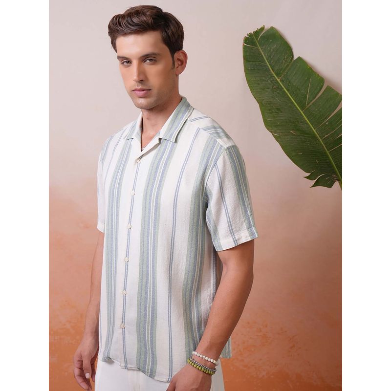 LOCOMOTIVE Men Green and White Dobby Stripes Relaxed Fit Shirt (L)